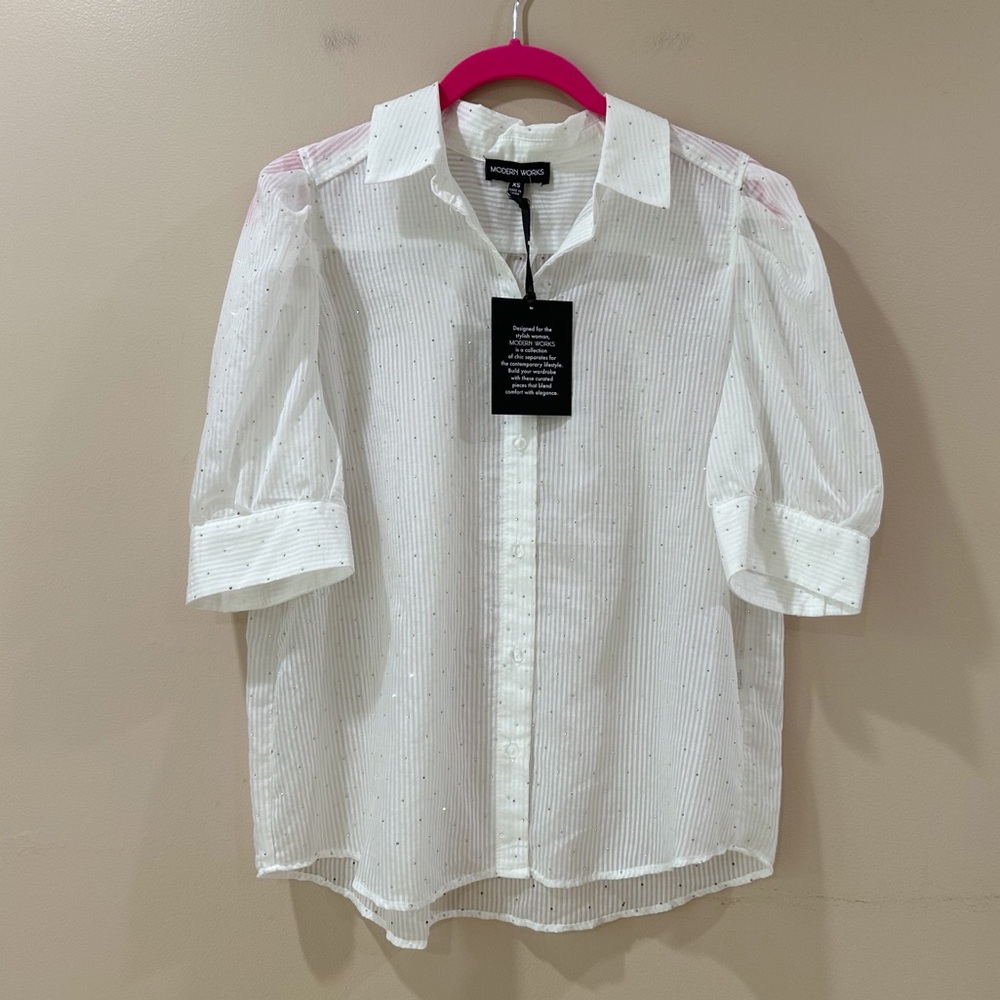 Modern Works White Puff Sleeve Blouse Button Up Shirt Rhinestone Sparkle XS NWT